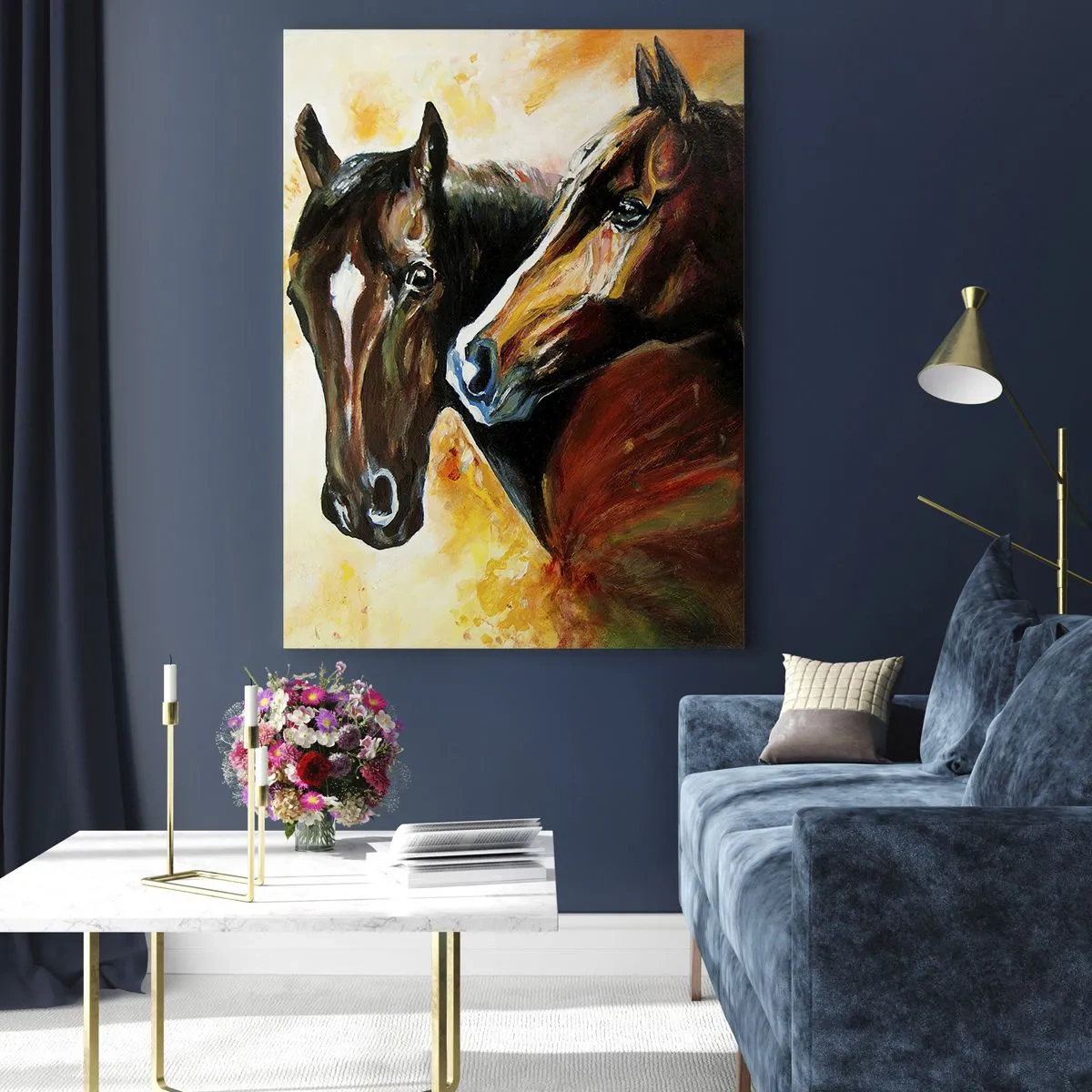 Impression sur verre - Image sur verre - Une paire de chevaux dans une composition picturale - 80x120cm - Deux fois plus gracieux - Décoration murale moderne pour le salon et la chambre ARTTOR