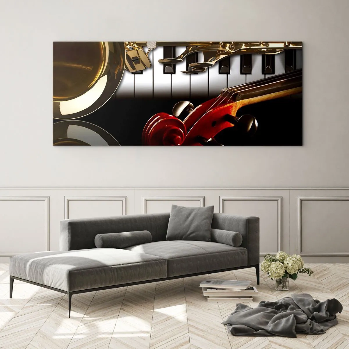 Impression sur verre - Image sur verre - Un saxophone doré, des touches de piano et un violon rouge - 120x50cm - Tôle, bois et ivoire - Décoration murale moderne pour le salon et la chambre ARTTOR