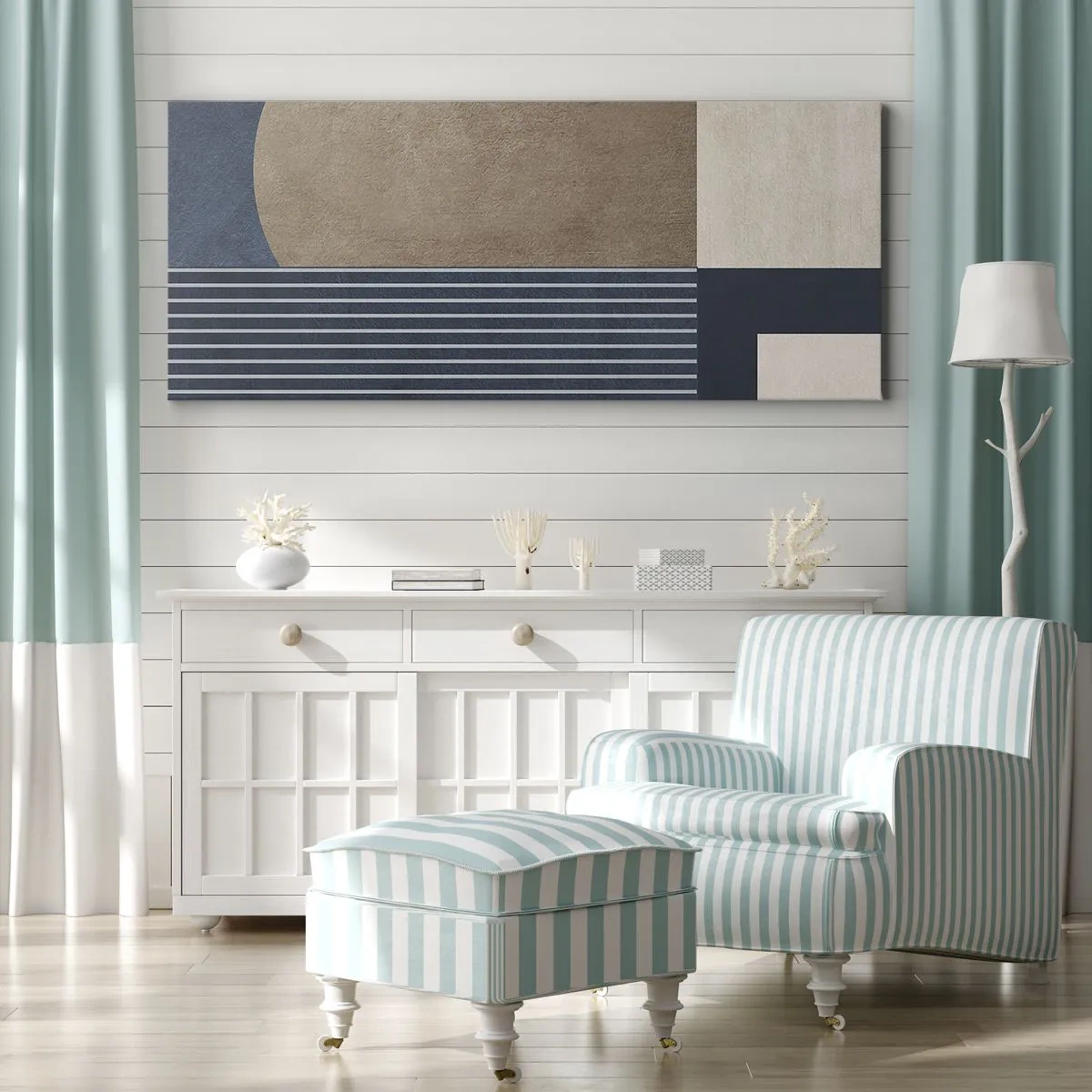 Impression sur toile - Image sur toile - Figures géométriques dans les tons beige et bleu marine avec des lignes - 160x50cm - Composition simple et en rondeur - Décoration murale moderne pour le salon et la chambre ARTTOR