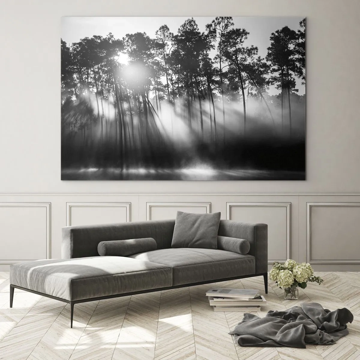 Impression sur verre - Image sur verre - Arbres noirs et blancs dans une forêt avec des rayons de soleil dans la brume - 70x50cm - Soleil inarrêtable - Décoration murale moderne pour le salon et la chambre ARTTOR