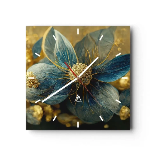 Horloge murale - Pendule murale - Fleurs élégantes dans des tons de bleu et d'or - 30x30cm - Fleurir avec de l'or - Décoration murale moderne pour le salon et la chambre ARTTOR
