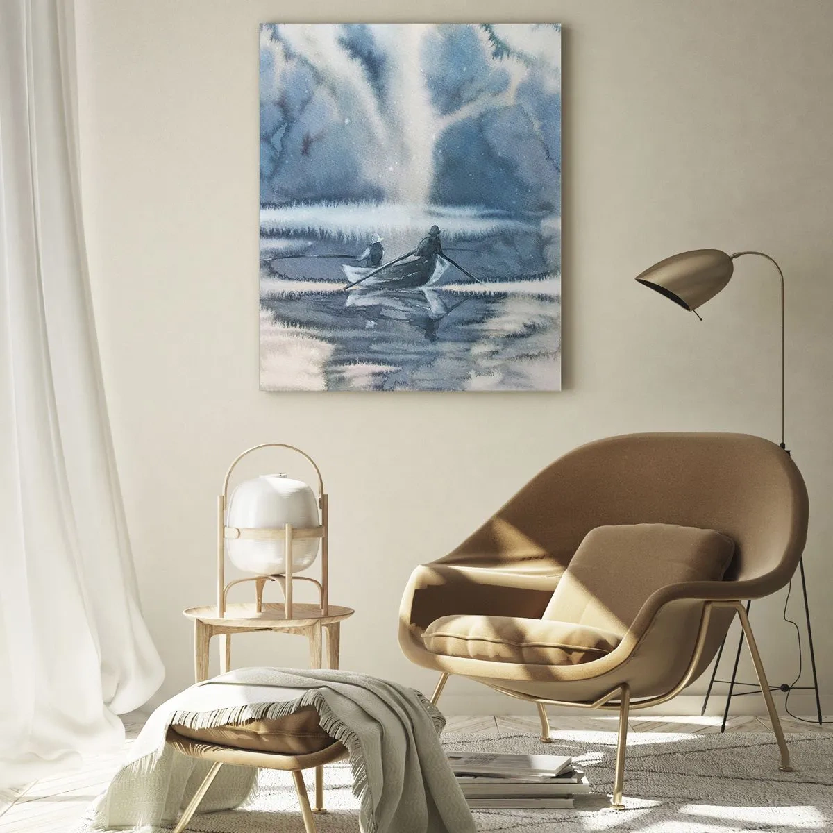 Impression sur verre - Image sur verre - Deux pêcheurs sur un bateau entourés d'un paysage brumeux - 50x70cm - Les pêcheurs dans leur paradis - Décoration murale moderne pour le salon et la chambre ARTTOR
