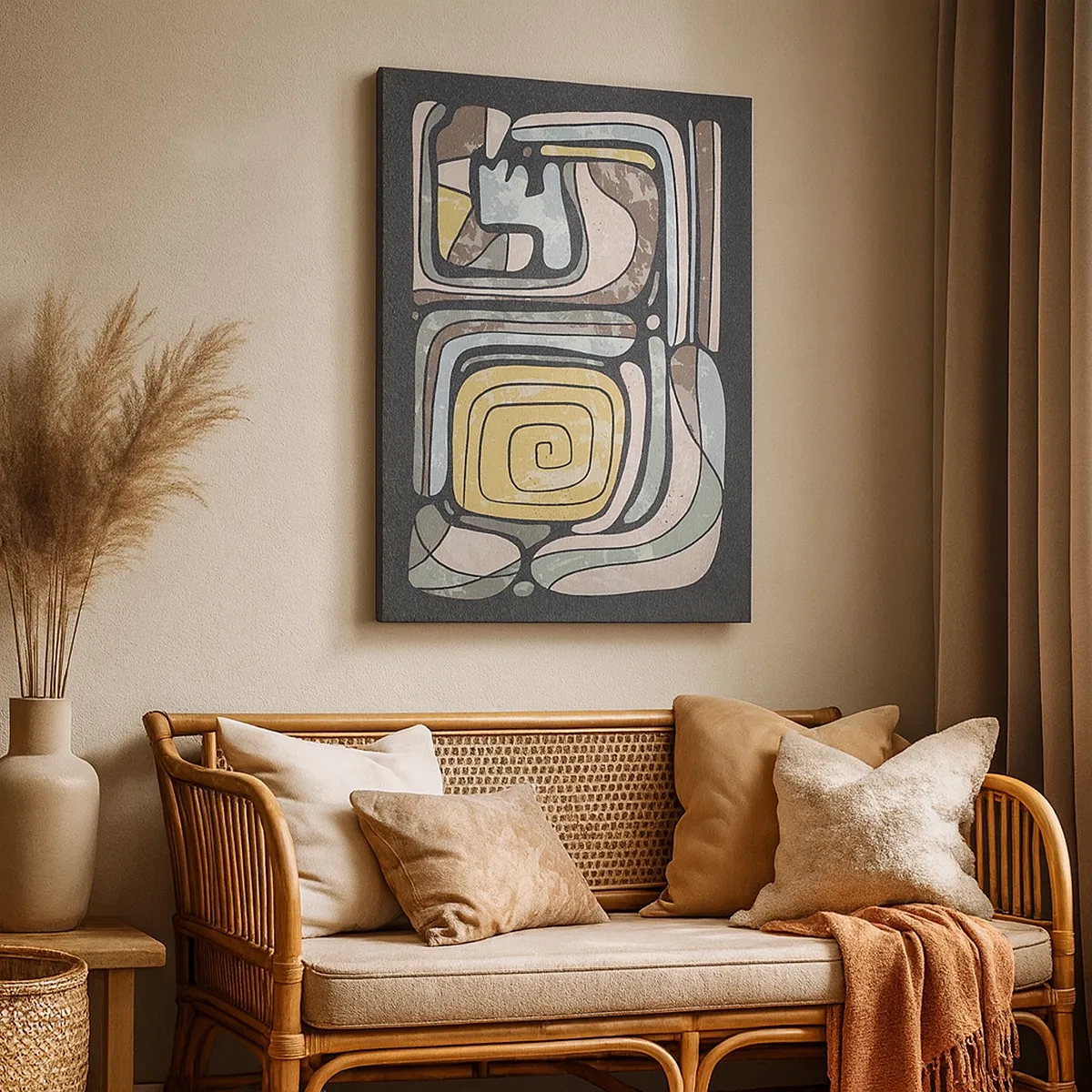 Impression sur toile - Image sur toile - Motifs précolombiens aux couleurs pastel sur fond sombre - 50x70cm - L'abstraction dans l'esprit précolombien - Décoration murale moderne pour le salon et la chambre ARTTOR