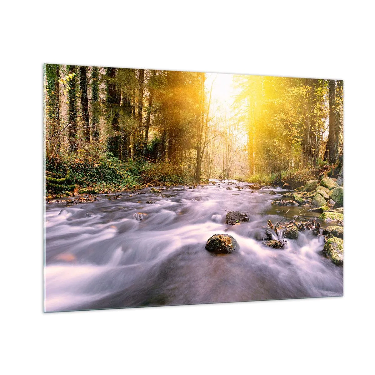 Impression sur verre - Image sur verre - Ruisseau forestier au soleil - 100x70cm - Malachite dans un cadre argent et or - Décoration murale moderne pour le salon et la chambre ARTTOR