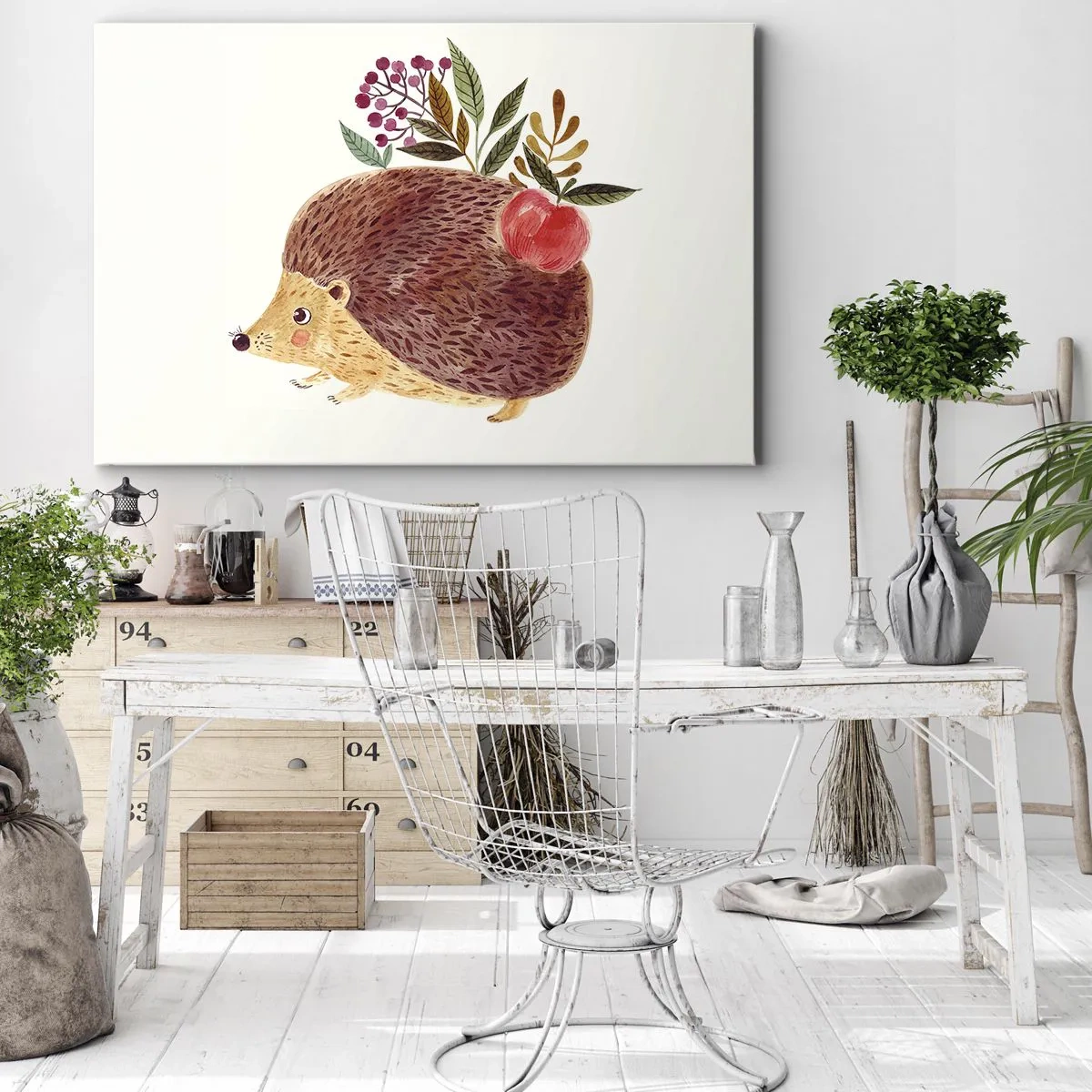Impression sur toile - Image sur toile - Un hérisson mignon avec une pomme et des plantes dans un style illustratif - 120x80cm - Et tu m’apprécies déjà - Décoration murale moderne pour le salon et la chambre ARTTOR