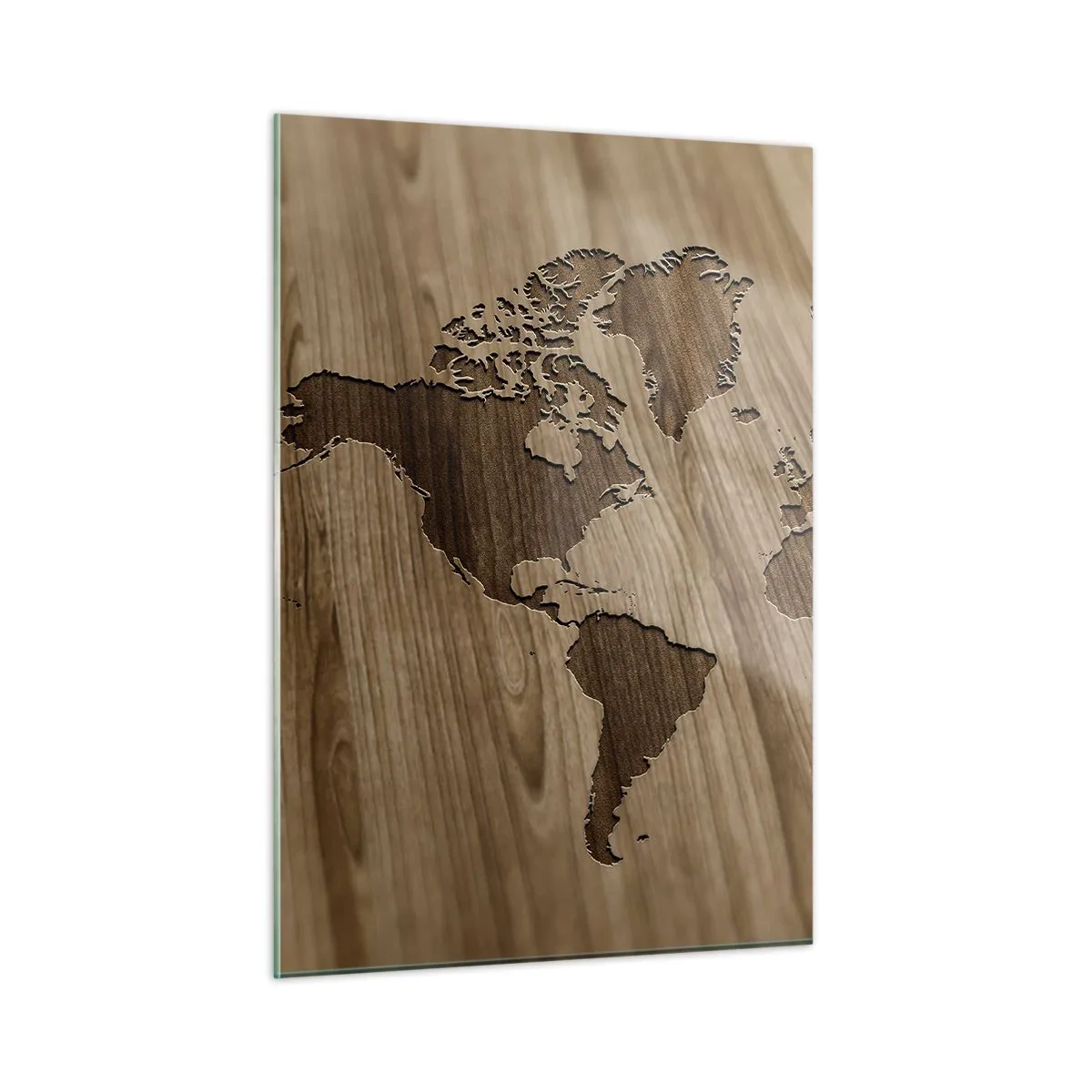 Impression sur verre - Image sur verre - Une carte du monde découpée dans une surface en bois - 50x70cm - Le monde est sur la table - Décoration murale moderne pour le salon et la chambre ARTTOR