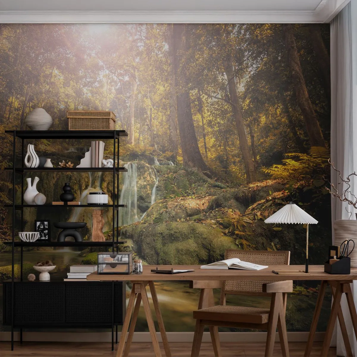 Papier Peint Photo Premium Sand - Une cascade pittoresque entourée d'une forêt d'automne - 100x70cm - Cascade de forêt en vert - Décoration murale moderne pour le salon et la chambre ARTTOR