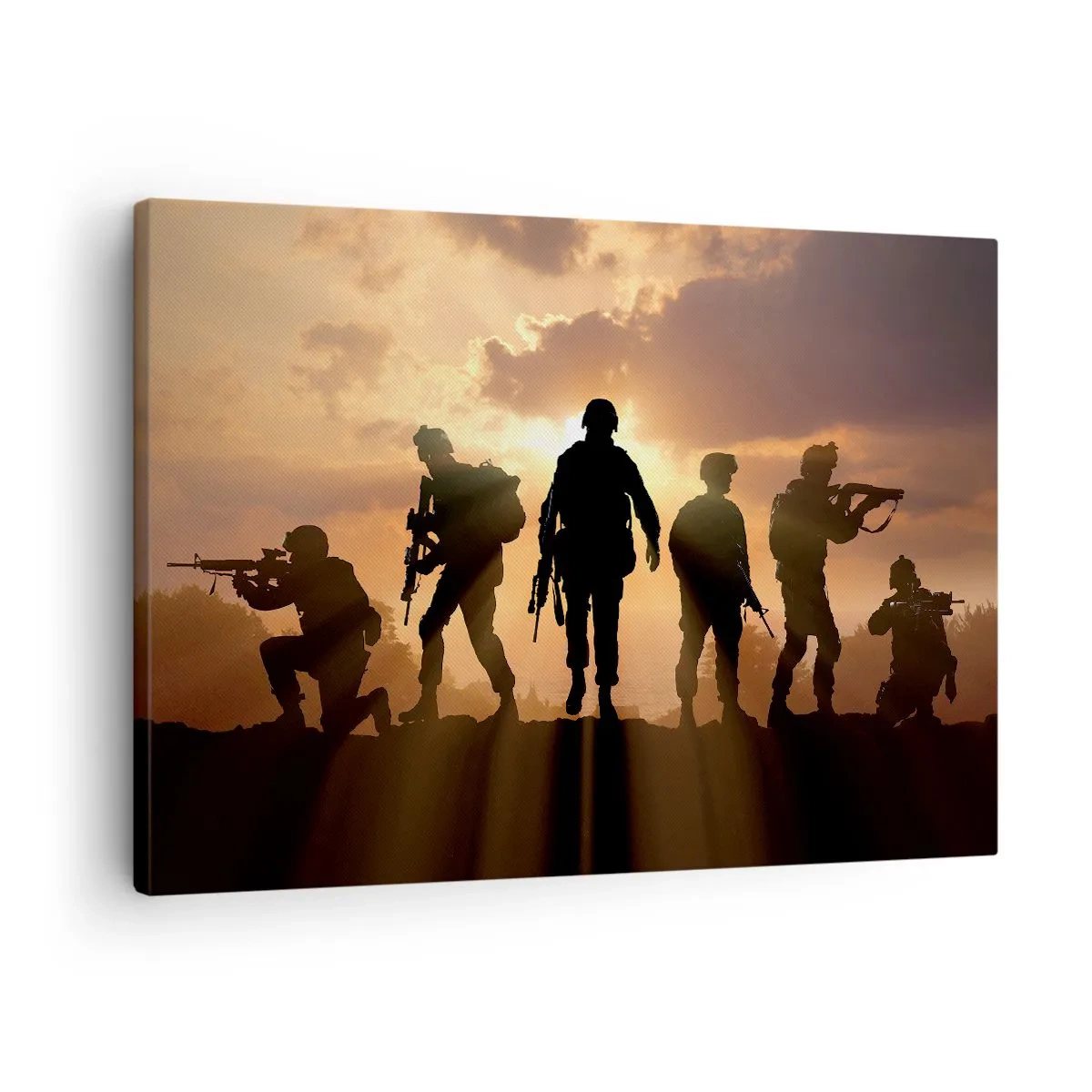 Impression sur toile - Image sur toile - Soldats sur fond de soleil couchant dans un décor dynamique - 70x50cm - Brothers in arms - Décoration murale moderne pour le salon et la chambre ARTTOR