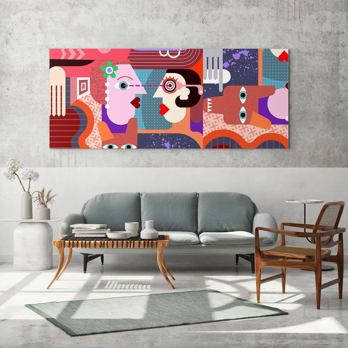 Impression sur verre - Image sur verre - Figures abstraites aux couleurs vives - 160x50cm - Les yeux dans les yeux - Décoration murale moderne pour le salon et la chambre ARTTOR