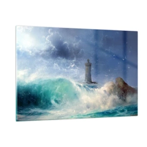 Impression sur verre - Image sur verre - Un phare parmi les vagues agitées de l'océan - 120x80cm - En garde contre les éléments - Décoration murale moderne pour le salon et la chambre ARTTOR