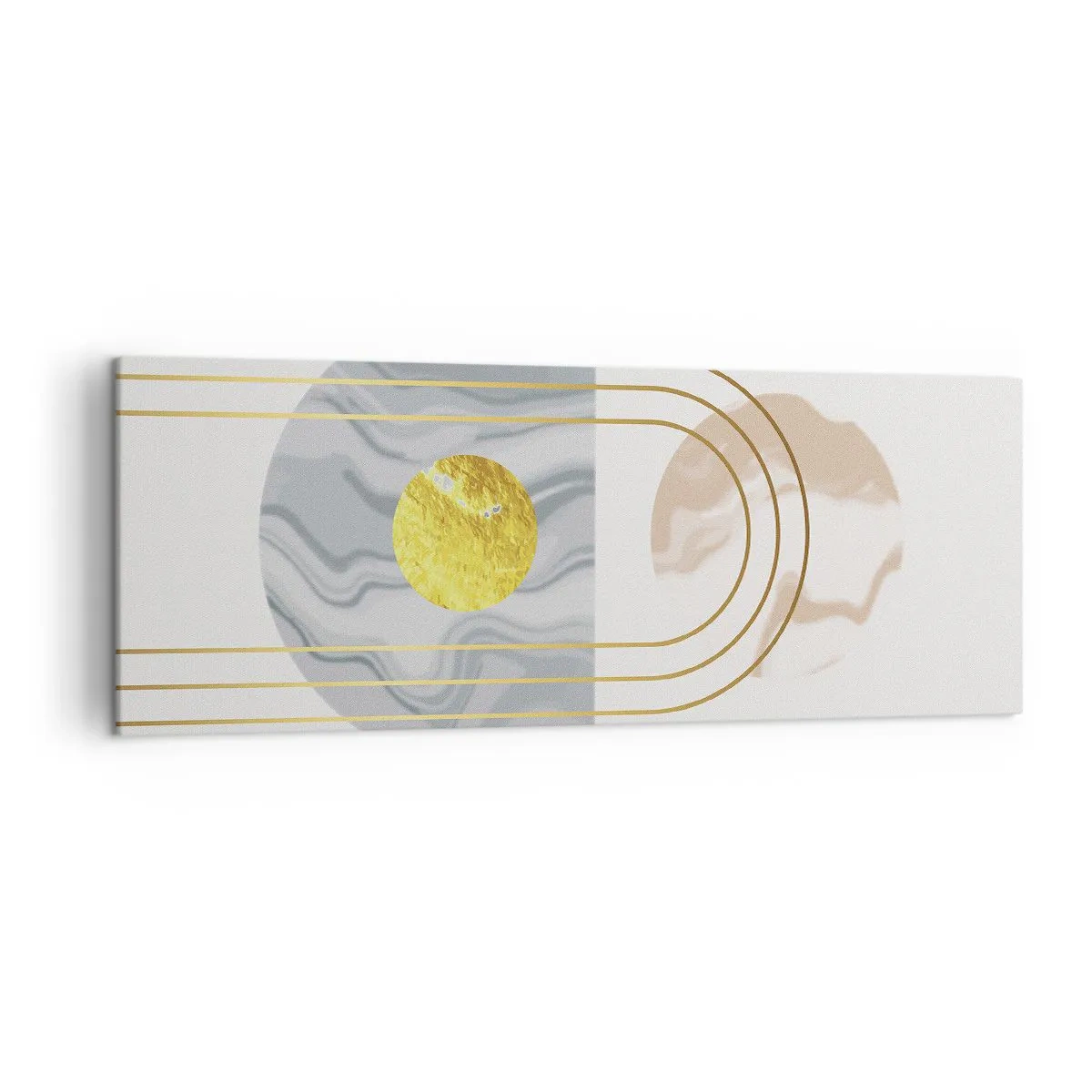 Impression sur toile - Image sur toile - Composition abstraite avec des cercles et des lignes dorées sur fond clair. - 140x50cm - Clareté et brillance - Décoration murale moderne pour le salon et la chambre ARTTOR