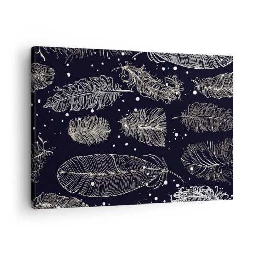 Impression sur toile - Image sur toile - Plumes blanches délicates sur fond bleu marine - 70x50cm - Toile de plumes - Décoration murale moderne pour le salon et la chambre ARTTOR