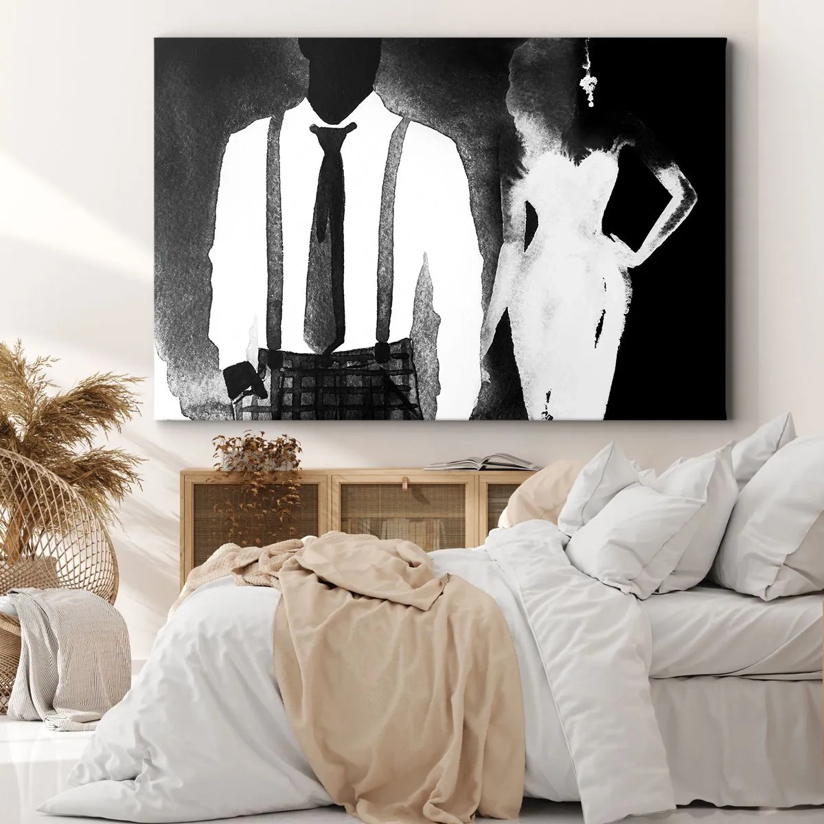 Impression sur toile - Image sur toile - Personnages de style noir, élégance et mystère en noir et blanc - 70x50cm - Ambiance noire - Décoration murale moderne pour le salon et la chambre ARTTOR