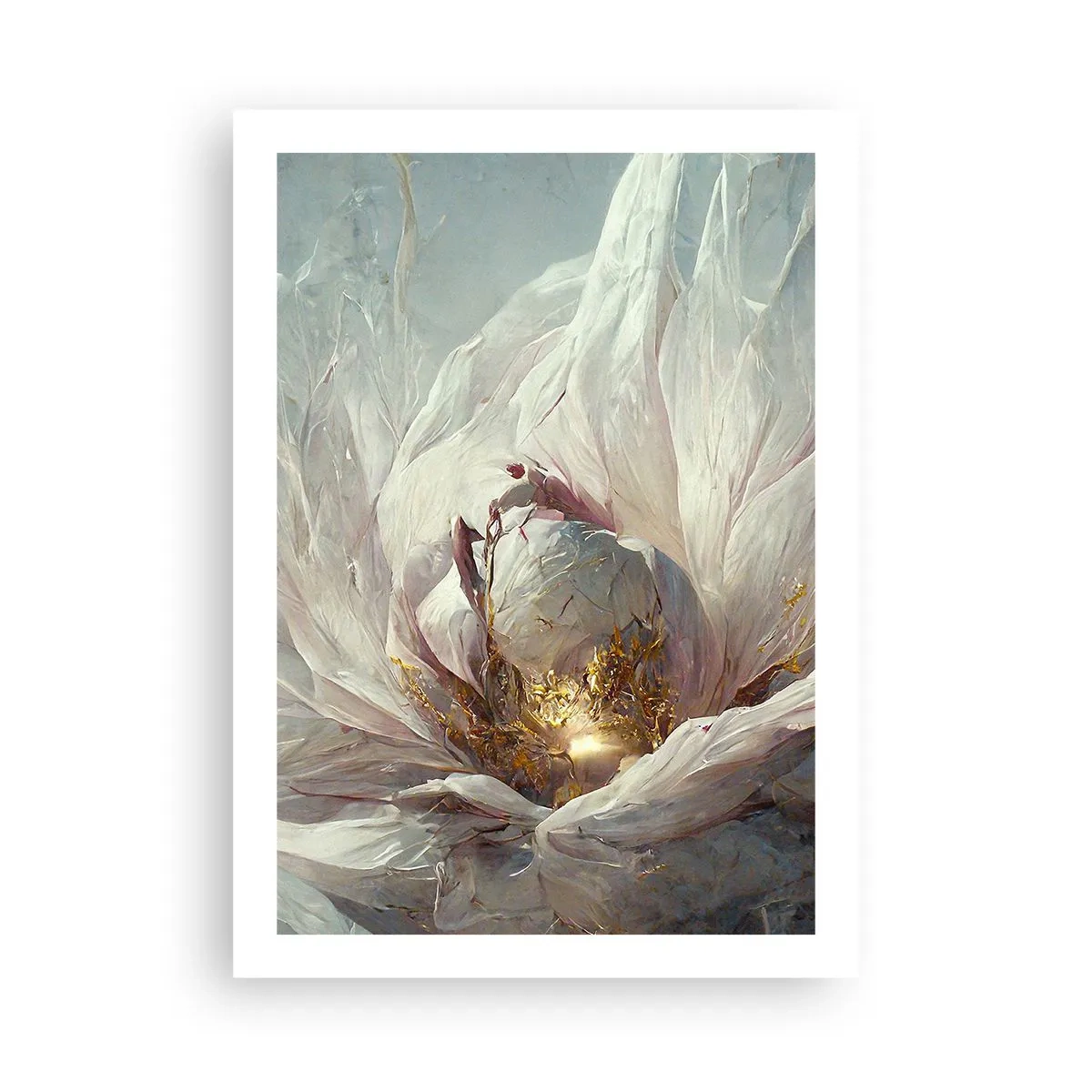 Affiche - Poster - Une abstraction subtile avec un motif floral dans des tons délicats de blanc et d'or. - 50x70cm - Il fleurit une fois tous les cent ans - Décoration murale moderne pour le salon et la chambre ARTTOR