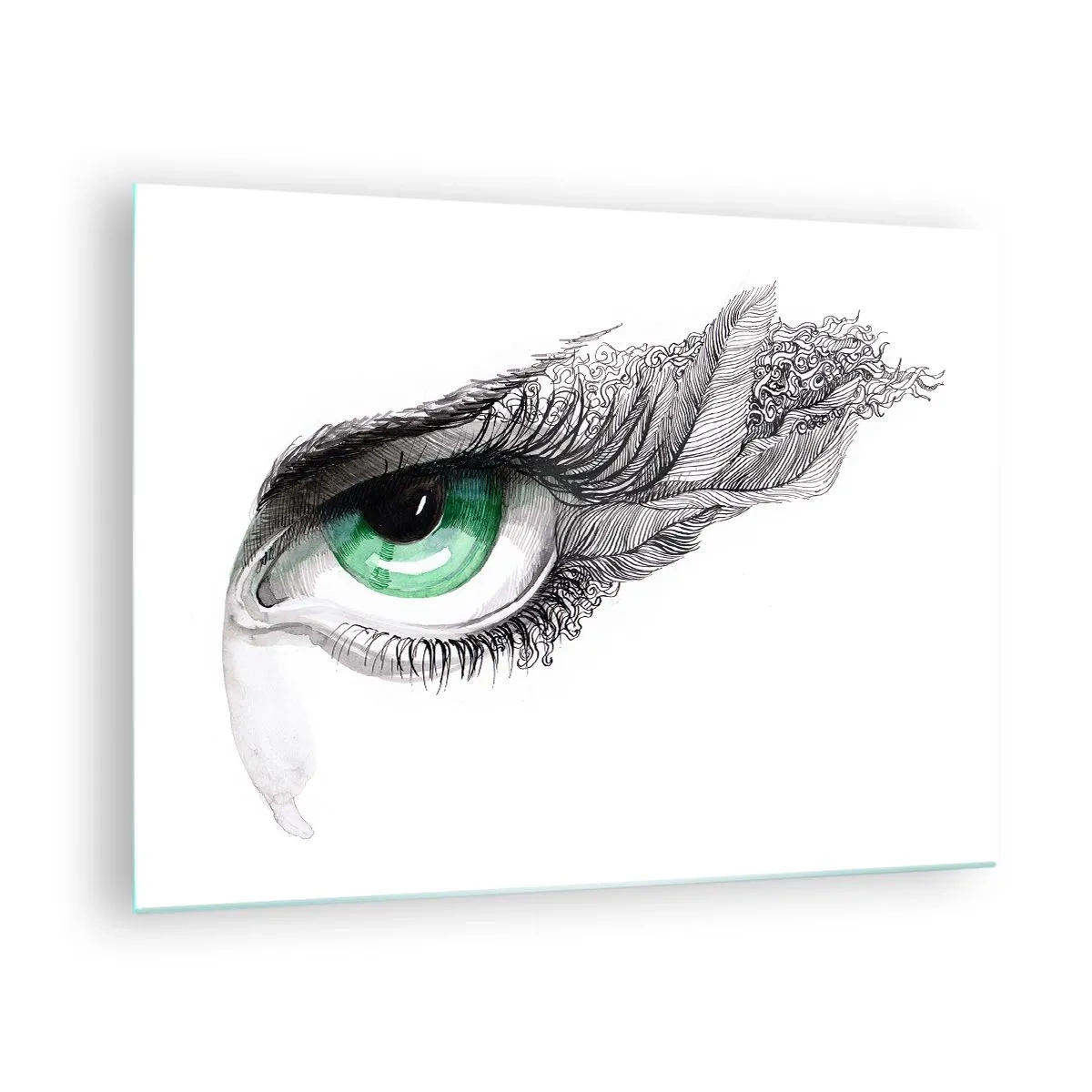 Impression sur verre - Image sur verre - Oeil vert avec détails de plumes et motifs abstraits - 70x50cm - Belle et prête à l'attaque - Décoration murale moderne pour le salon et la chambre ARTTOR