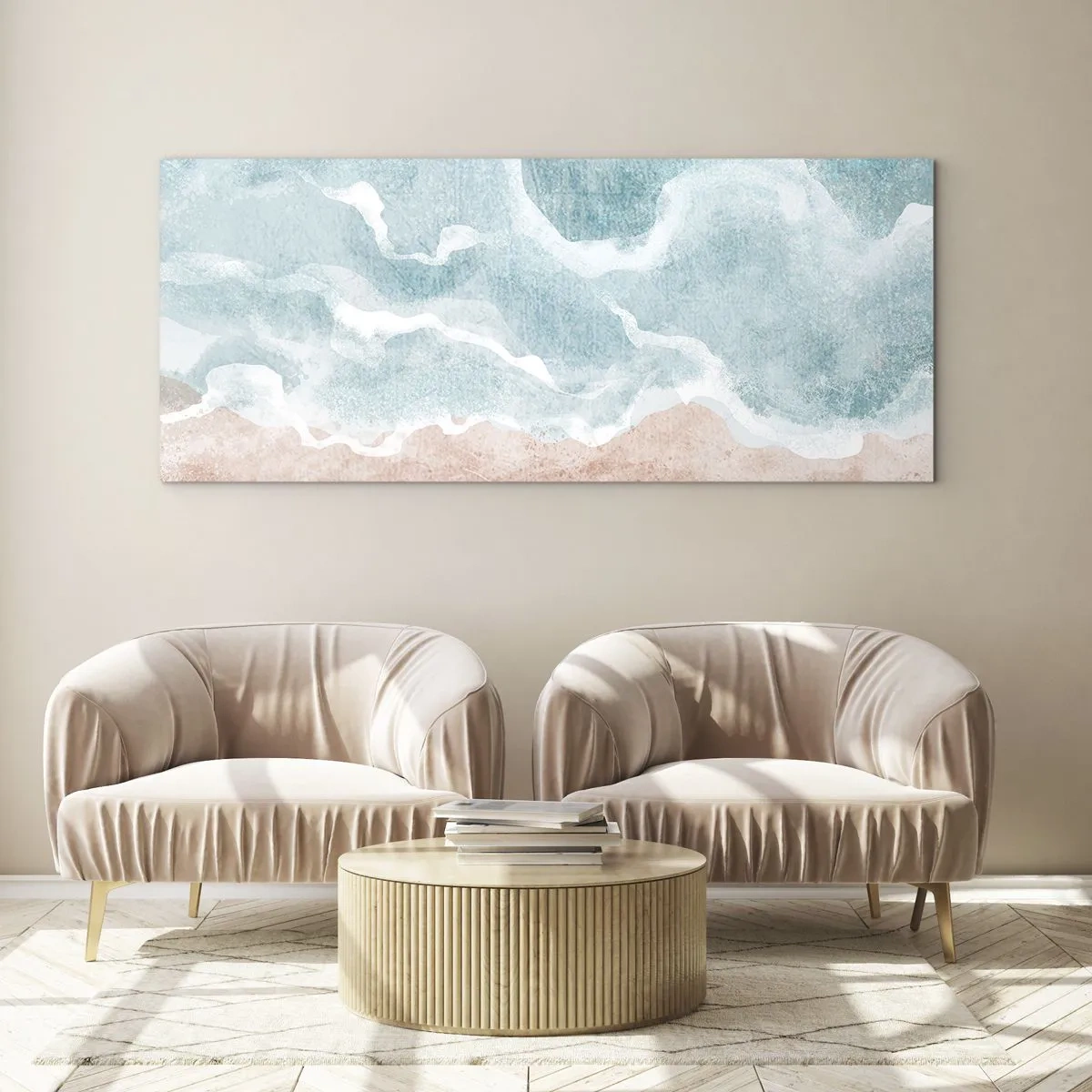 Impression sur verre - Image sur verre - Plage abstraite avec des vagues dans les tons bleus et beiges - 160x50cm - Abstraction du nuage - Décoration murale moderne pour le salon et la chambre ARTTOR
