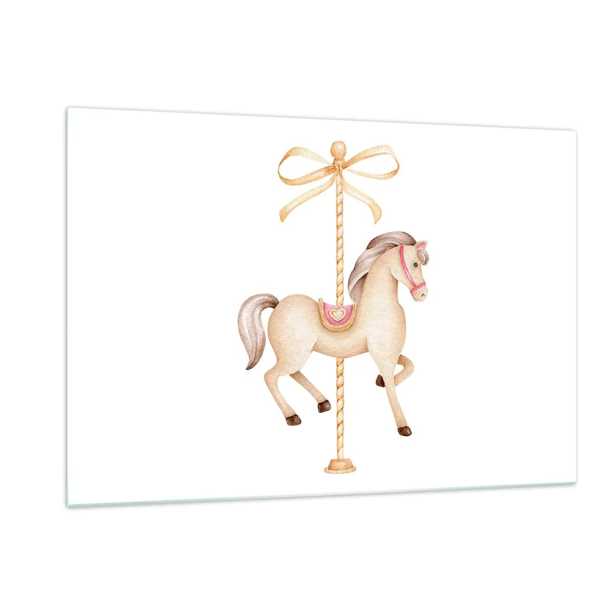 Impression sur verre - Image sur verre - Cheval de carrousel beige avec un nœud sur fond blanc - 120x80cm - Un trot gracieux - Décoration murale moderne pour le salon et la chambre ARTTOR