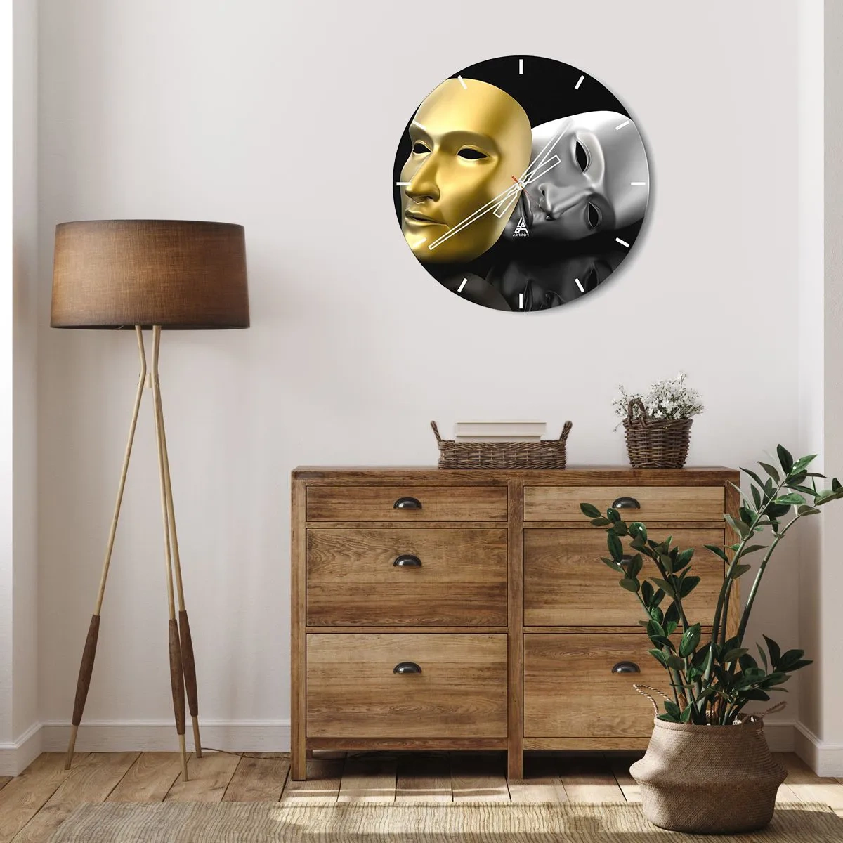 Horloge murale - Pendule murale - Masque de théâtre en or et argent sur fond noir - 30x30cm - La vie est un théâtre - Décoration murale moderne pour le salon, la cuisine et la chambre ARTTOR