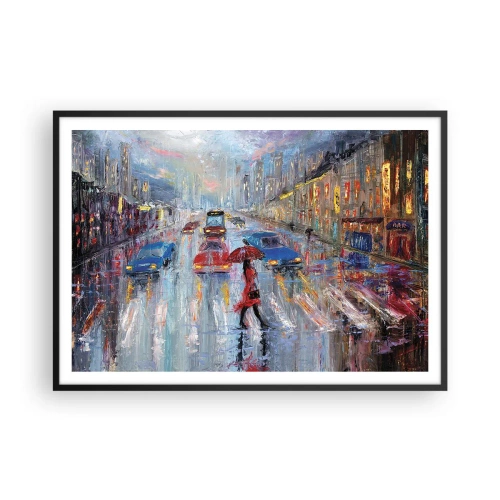 Affiche dans un cadre noir - Poster - Une femme avec un parapluie dans une rue pluvieuse à la lumière du néon. - 100x70cm - Après-midi pluvieux en ville - Décoration murale moderne pour le salon et la chambre ARTTOR