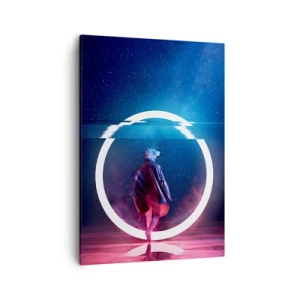 Impression sur toile - Image sur toile - Un personnage dans un environnement futuriste avec un cercle de néon - 50x70cm - Entre deux mondes - Décoration murale moderne pour le salon et la chambre ARTTOR