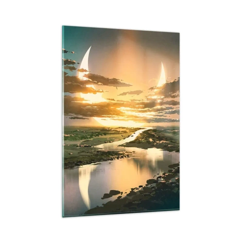 Impression sur verre - Image sur verre - Un paysage fantastique avec deux lunes à l'horizon - 80x120cm - Quelque part dans une galaxie lointaine, très lointaine - Décoration murale moderne pour le salon et la chambre ARTTOR