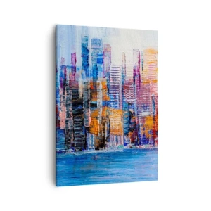 Impression sur toile - Image sur toile - Un panorama coloré de la ville avec des reflets sur l'eau - 50x70cm - Une métropole joyeuse - Décoration murale moderne pour le salon et la chambre ARTTOR