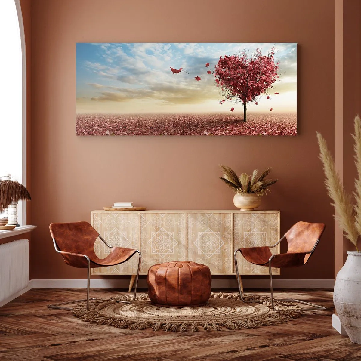 Impression sur toile - Image sur toile - Un arbre solitaire en forme de cœur dans un champ de feuilles rouges - 140x50cm - Vous allez aussi aimer l'automne - Décoration murale moderne pour le salon et la chambre ARTTOR