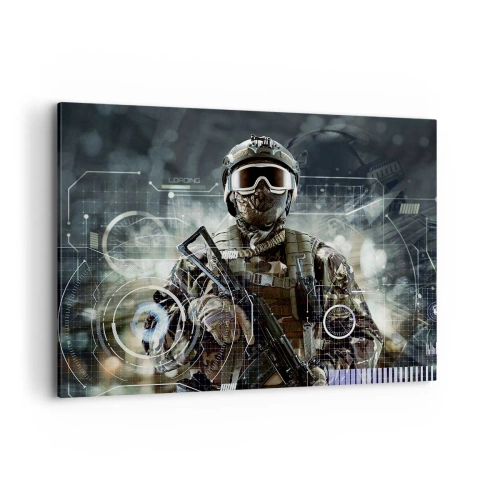 Impression sur toile - Image sur toile - Un soldat portant un casque futuriste avec une arme à feu en arrière-plan de la technologie. - 100x70cm - Puissance sans limite - Décoration murale moderne pour le salon et la chambre ARTTOR