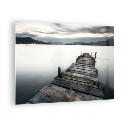 Impression sur verre - Image sur verre - Une jetée en bois sur fond de lac calme au crépuscule - 70x50cm - Immergez-vous dans la paix - Décoration murale moderne pour le salon et la chambre ARTTOR