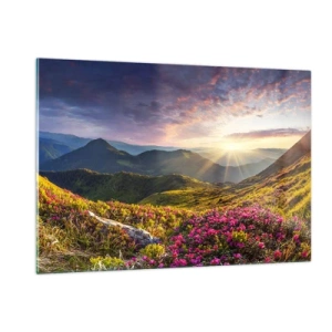 Impression sur verre - Image sur verre - Paysage de montagne au lever du soleil avec des fleurs en fleurs - 120x80cm - Fraîcheur matinale en montagne - Décoration murale moderne pour le salon et la chambre ARTTOR