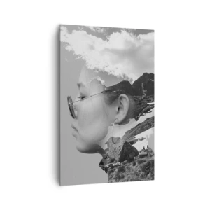 Impression sur toile - Image sur toile - Une composition en noir et blanc avec une silhouette de femme et un paysage de montagne. - 80x120cm - Portrait de montagnes et nuages - Décoration murale moderne pour le salon et la chambre ARTTOR