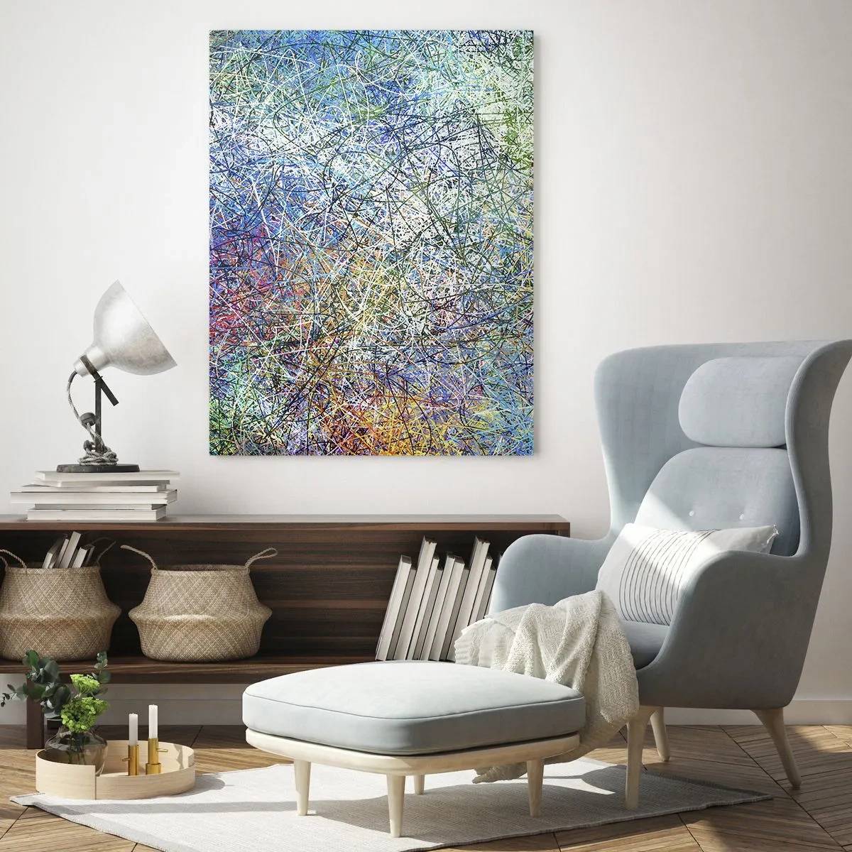 Impression sur verre - Image sur verre - Composition abstraite avec des lignes et des textures multicolores - 70x100cm - Ce n'est pas si simple - Décoration murale moderne pour le salon et la chambre ARTTOR