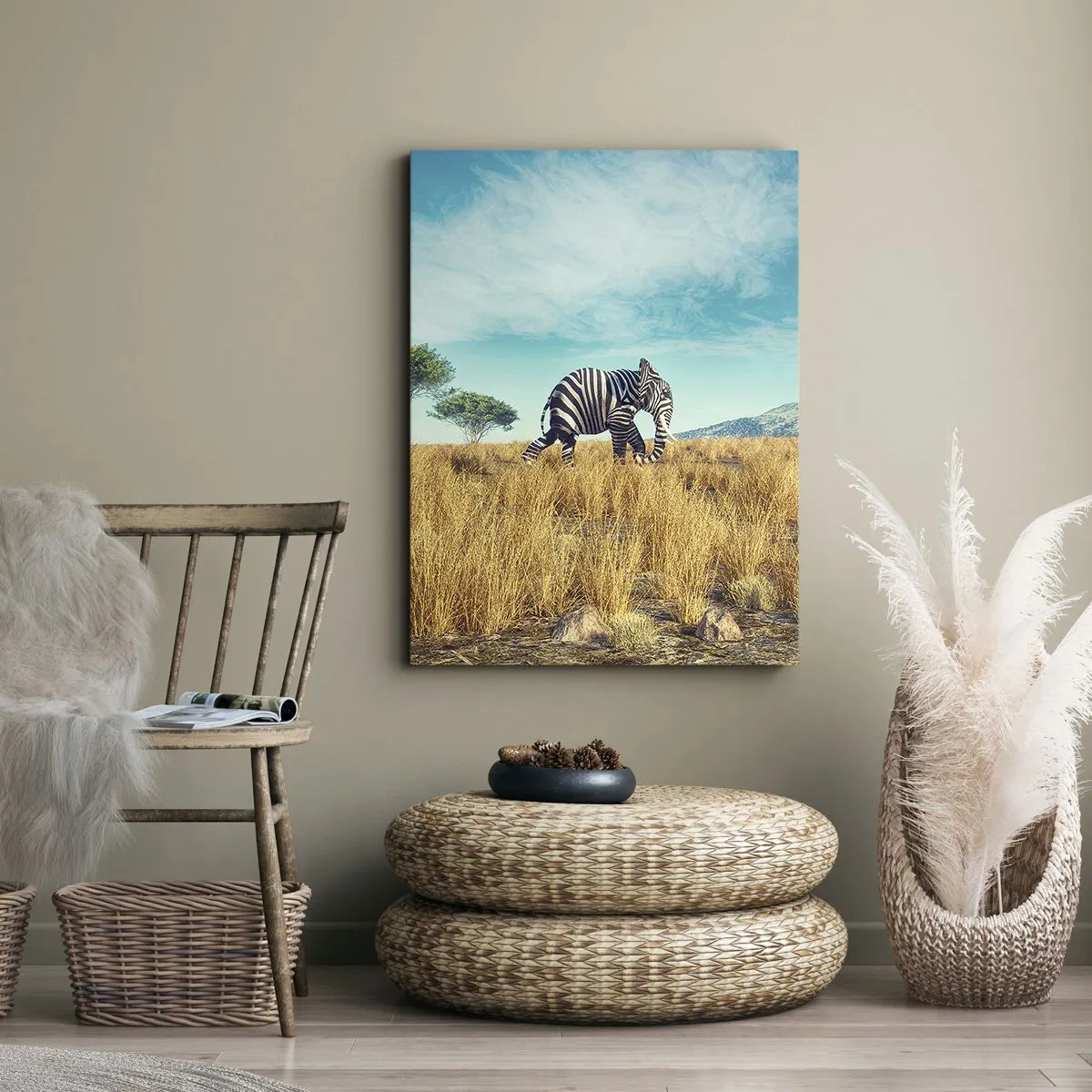 Impression sur toile - Image sur toile - Zèbre dans un paysage africain - 70x100cm - Le gris n'est déjà plus à la mode - Décoration murale moderne pour le salon et la chambre ARTTOR