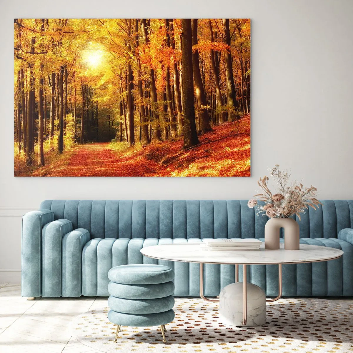 Impression sur verre - Image sur verre - Forêt d'automne baignée de soleil doré - 120x80cm - Automne doré sur une route forestière - Décoration murale moderne pour le salon et la chambre ARTTOR