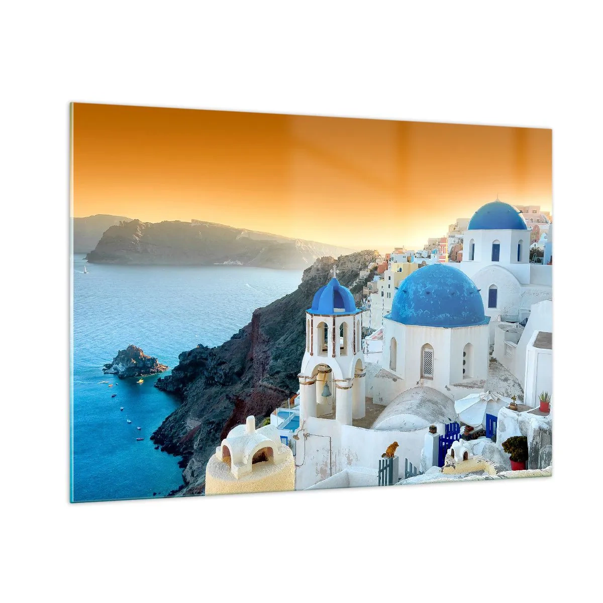 Impression sur verre - Image sur verre - Vue de Santorin avec ses dômes bleus et ses falaises - 100x70cm - Santorin - blotti contre les rochers - Décoration murale moderne pour le salon et la chambre ARTTOR