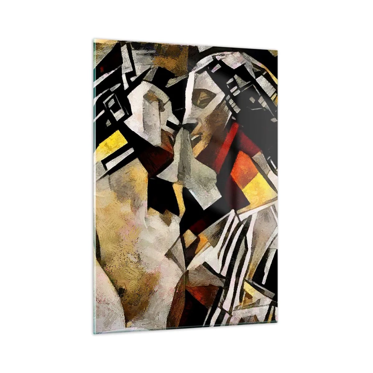 Impression sur verre - Image sur verre - Couple abstrait aux motifs géométriques - 50x70cm - Un baiser sculptural - Décoration murale moderne pour le salon et la chambre ARTTOR