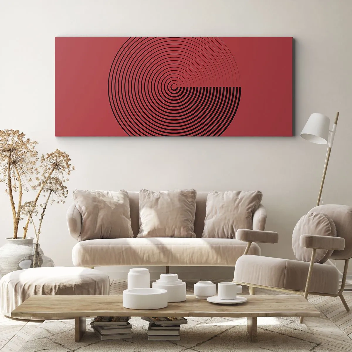 Impression sur toile - Image sur toile - Cercles concentriques sur fond rouge - 140x50cm - Mouvement circulaire - Décoration murale moderne pour le salon et la chambre ARTTOR