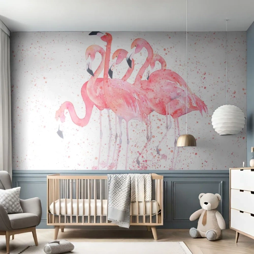 Papier Peint Photo Premium Canvas - Ensemble rose - Flamants roses, Des oiseaux, Graphique - 350x256 cm