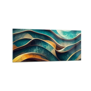 Impression sur verre - Image sur verre - Vagues abstraites dans des tons turquoise et or - 120x50cm - Méandres de bleu - Décoration murale moderne pour le salon et la chambre ARTTOR