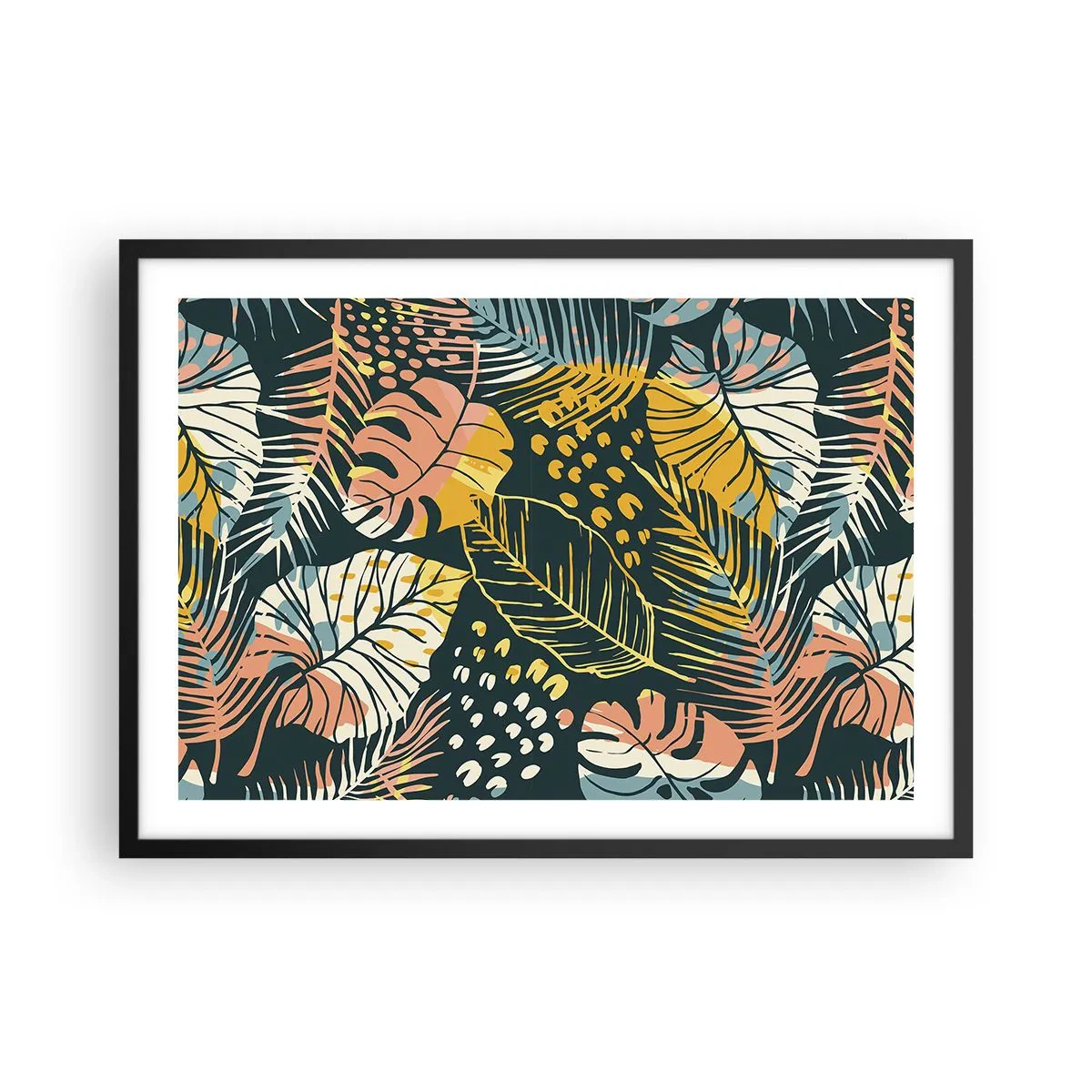 Affiche dans un cadre noir - Poster - Feuilles colorées sur fond sombre - 70x50cm - Fantaisie feuillue - Décoration murale moderne pour le salon et la chambre ARTTOR