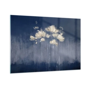 Impression sur verre - Image sur verre - Composition florale abstraite dorée sur fond bleu marine - 100x70cm - Comme des pétales au vent - Décoration murale moderne pour le salon et la chambre ARTTOR