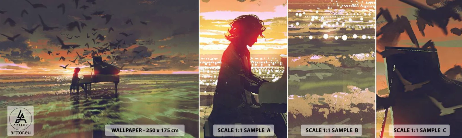 Échantillon de Papier Peint Autocollant Deluxe Sticker - Concert pour piano et vagues - Abstraction, Piano, Musique - 100x30 cm