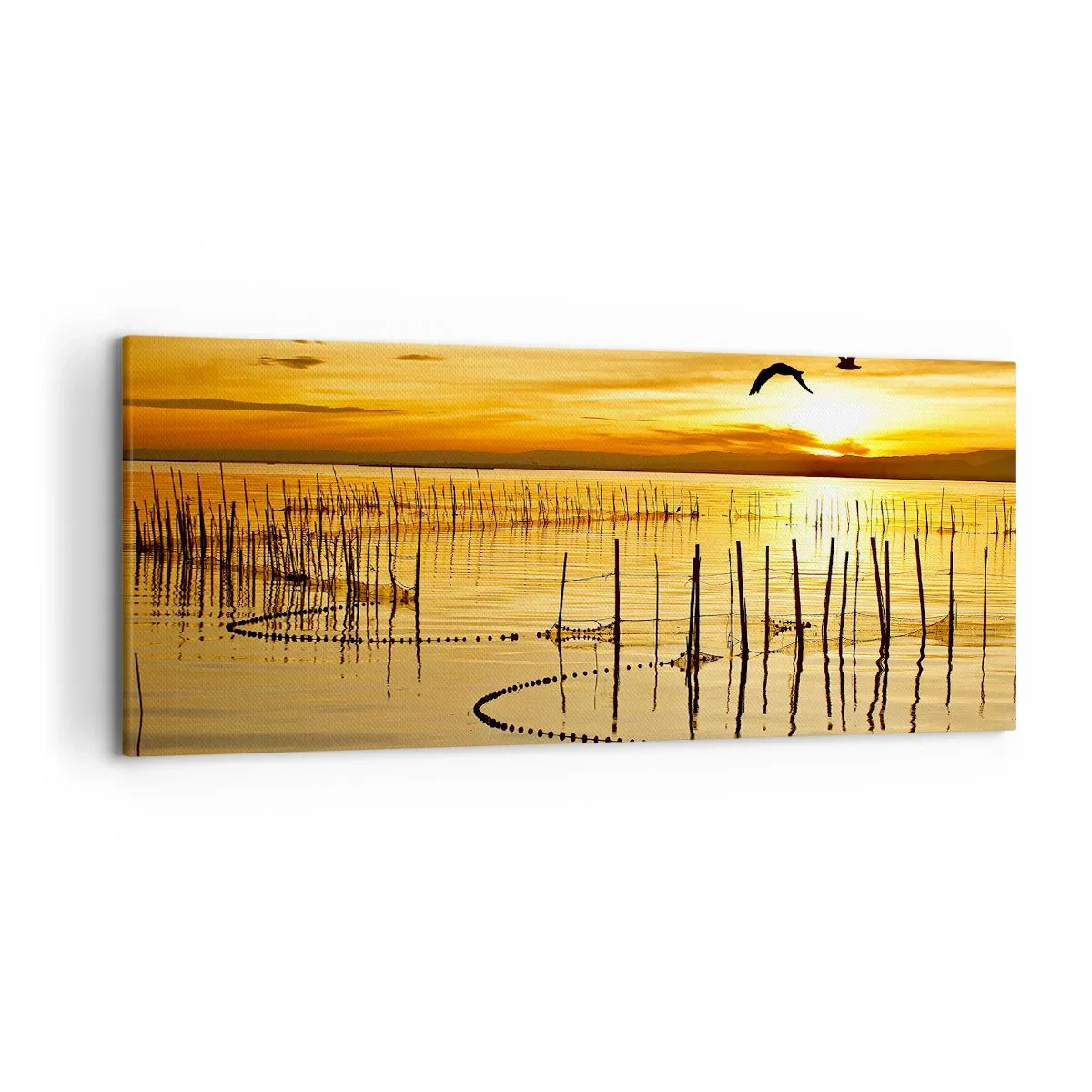 Impression sur toile - Image sur toile - Coucher de soleil sur l'eau avec des oiseaux en vol - 120x50cm - À la pêche - Décoration murale moderne pour le salon et la chambre ARTTOR