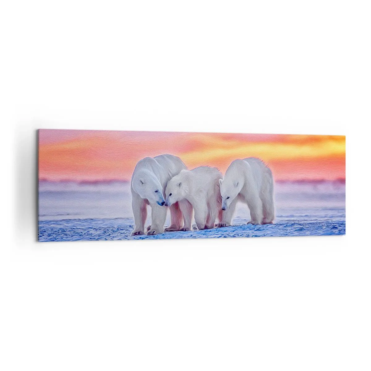 Impression sur toile - Image sur toile - Trois ours polaires sur fond de coucher de soleil arctique - 160x50cm - La chaleur familiale suffit - Décoration murale moderne pour le salon et la chambre ARTTOR