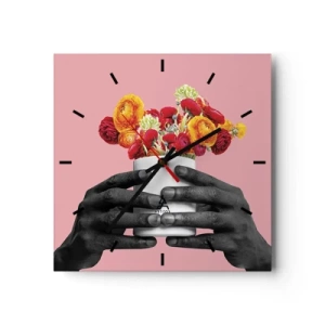 Horloge murale - Pendule murale - Mains tenant un bouquet de fleurs colorées - 30x30cm - Apothéose de la vie - Décoration murale moderne pour le salon et la chambre ARTTOR