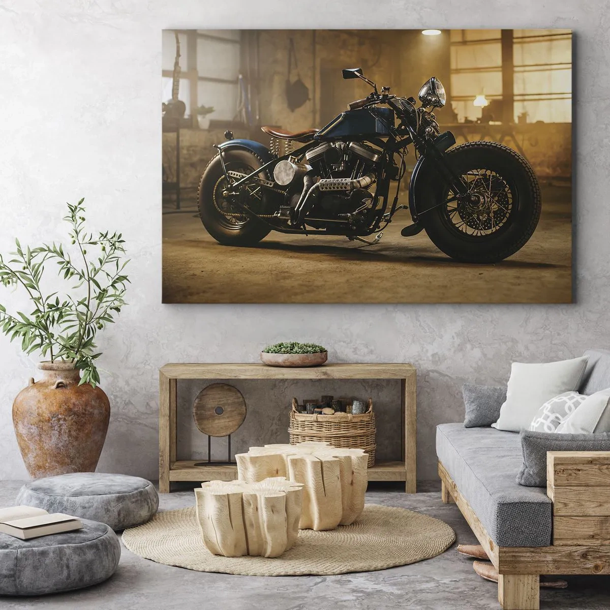 Impression sur toile - Image sur toile - Une moto élégante dans un intérieur industriel avec un éclairage chaleureux - 100x70cm - Je peux tout - Décoration murale moderne pour le salon et la chambre ARTTOR