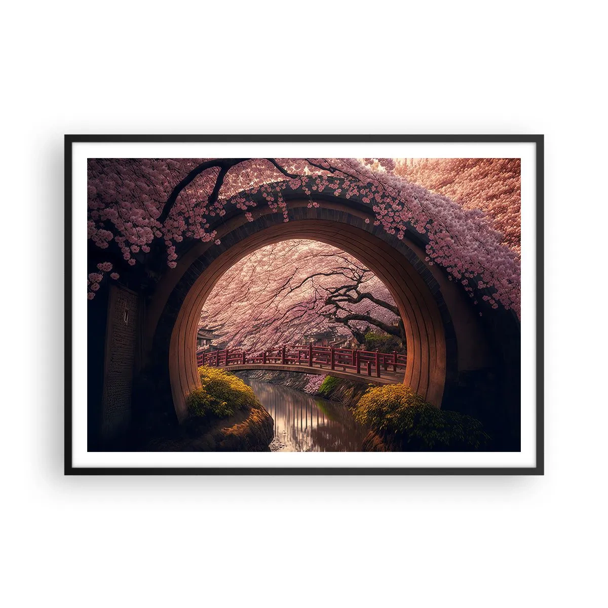 Affiche dans un cadre noir - Poster - Un pont japonais traditionnel entouré de fleurs de cerisier - 100x70cm - Printemps japonais - Décoration murale moderne pour le salon et la chambre ARTTOR