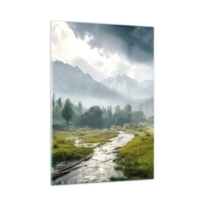 Impression sur verre - Image sur verre - Un paysage de montagne avec un ruisseau et une vallée verdoyante le matin - 50x70cm - Aller et retour - Décoration murale moderne pour le salon et la chambre ARTTOR