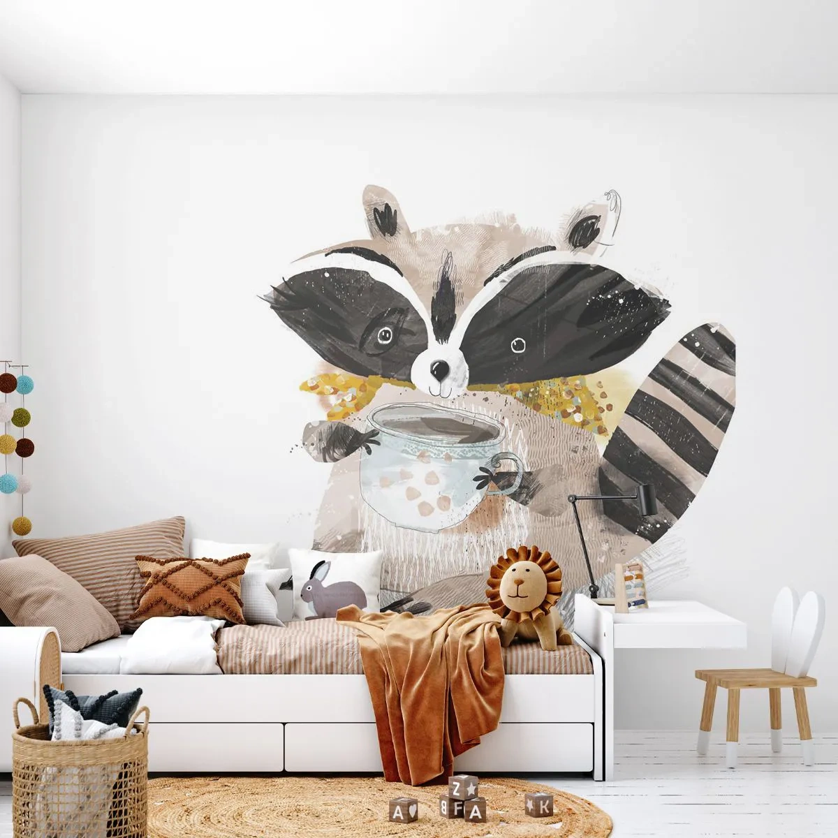 Papier Peint Photo Premium Sand - Adorable raton laveur avec une tasse à café de style aquarelle - 100x70cm - Mon ami le raton laveur - Décoration murale moderne pour le salon et la chambre ARTTOR