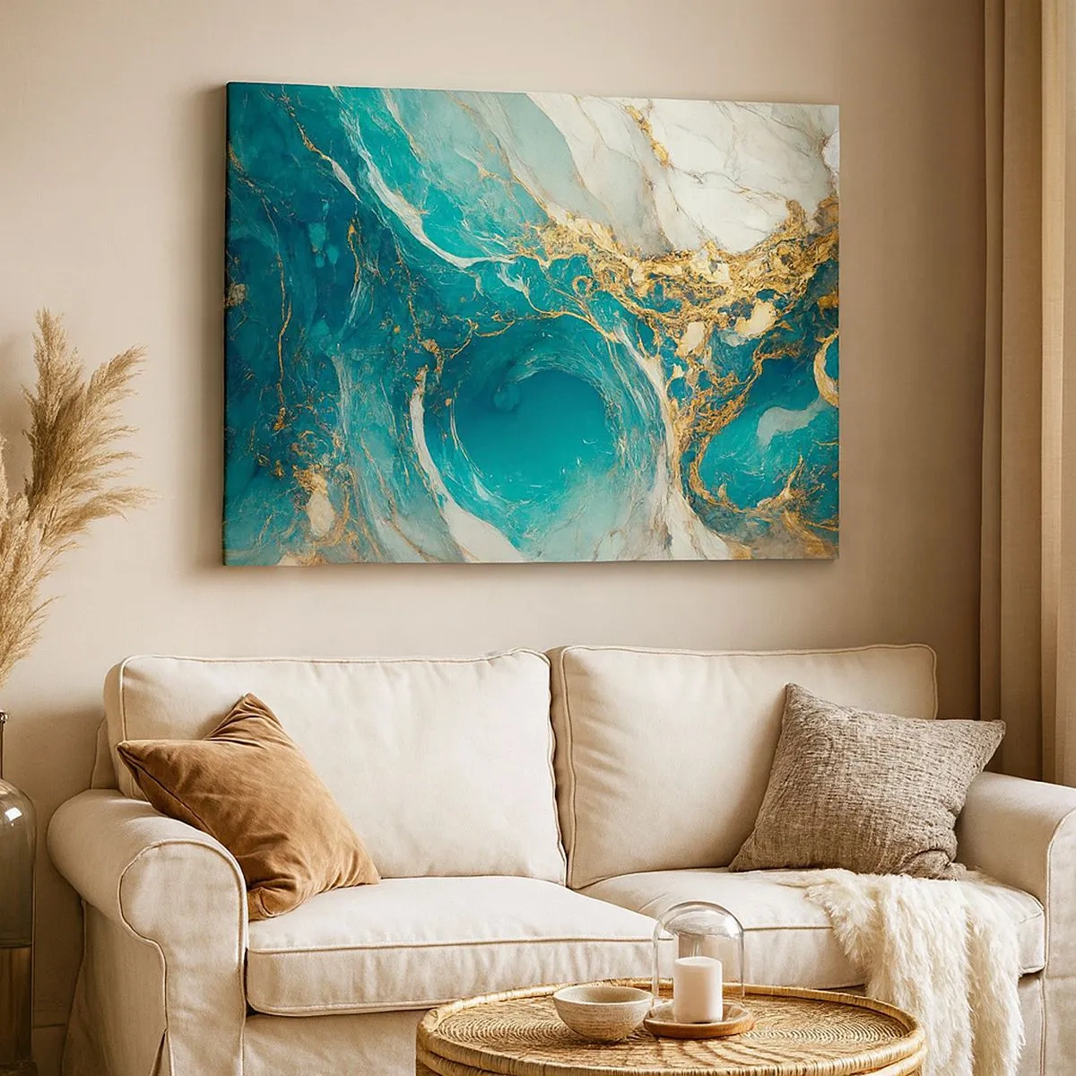 Impression sur toile - Image sur toile - Une composition abstraite dans des tons turquoise et or. - 70x50cm - Composition en veines d'or - Décoration murale moderne pour le salon et la chambre ARTTOR